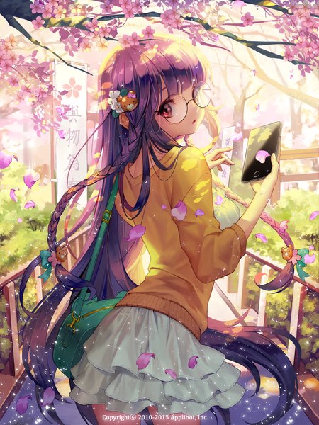 Anime picture 1500x2000 with furyou michi ~gang road~ araki keika soo kyung oh single long hair tall image looking at viewer fringe open mouth red eyes holding purple hair outdoors blunt bangs braid (braids) head tilt looking back hair flower from behind sunlight