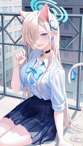 Anime picture 1200x2109 with blue archive asuna (blue archive) 723/nanahumi single tall image fringe blue eyes blonde hair sitting animal ears outdoors tail long sleeves very long hair animal tail pleated skirt cat ears hair over one eye cat girl cat tail