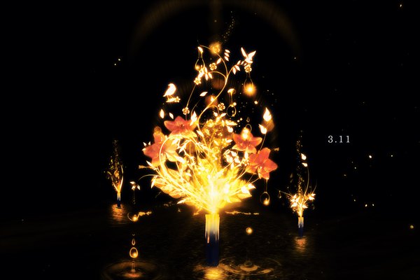 Anime picture 1920x1280 with original y y (ysk ygc) highres simple background dated black background reflection no people glow ripples flower (flowers) animal water bird (birds) leaf (leaves) fire candle (candles)