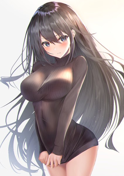 Anime picture 884x1250 with original yk (pixiv43531291) single long hair tall image looking at viewer blush fringe breasts blue eyes light erotic black hair simple background hair between eyes large breasts standing payot grey background thighs covered navel