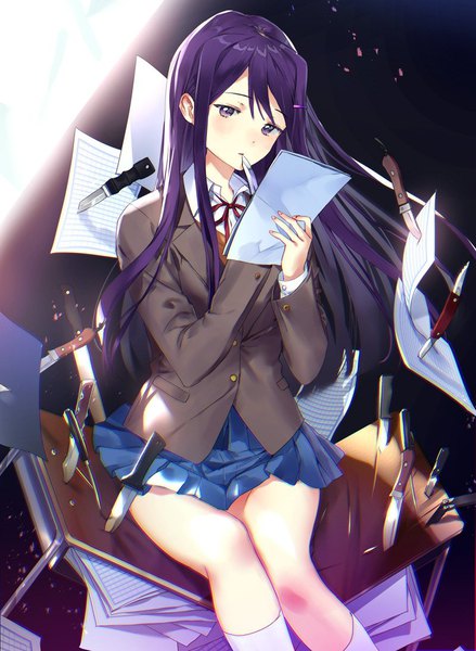 Anime-Bild 800x1093 mit doki doki literature club yuri (doki doki literature club) macciatto (aciel02) single long hair tall image sitting purple eyes looking away purple hair pleated skirt black background girl skirt uniform school uniform miniskirt socks white socks knife