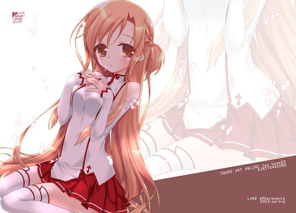 Anime picture 1000x721 with sword art online a-1 pictures yuuki asuna an natsuki single long hair looking at viewer blush brown hair bare shoulders brown eyes girl thighhighs skirt detached sleeves miniskirt white thighhighs