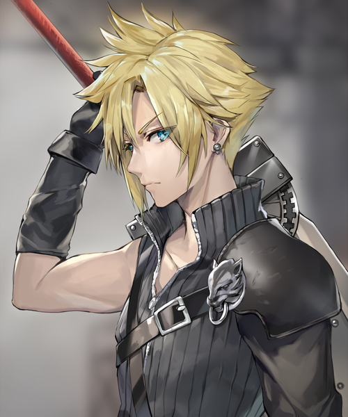 Anime picture 1000x1200 with final fantasy final fantasy vii square enix cloud strife momoko (momopoco) single tall image looking at viewer fringe short hair blue eyes blonde hair holding upper body grey background spiked hair boy gloves weapon earrings