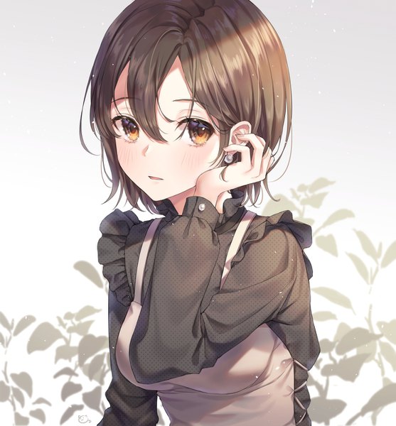 Anime picture 1200x1292 with original soyubee single tall image looking at viewer blush fringe short hair open mouth simple background hair between eyes brown hair white background yellow eyes upper body long sleeves girl earrings frills