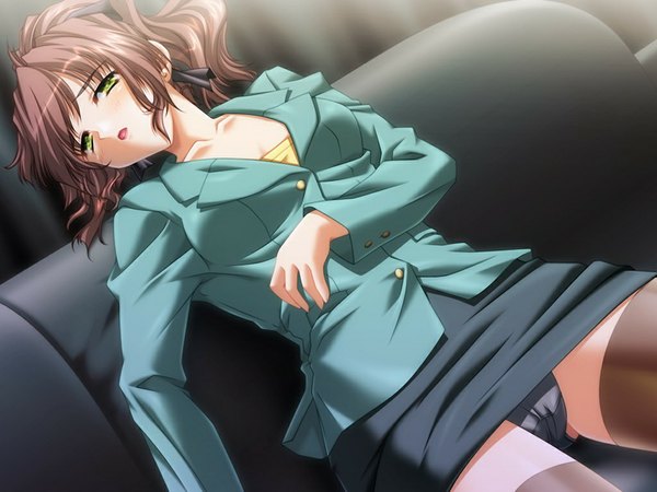 Anime picture 1024x768 with haikyou gakuen tachibana mao teeta j light erotic brown hair green eyes game cg girl underwear panties couch