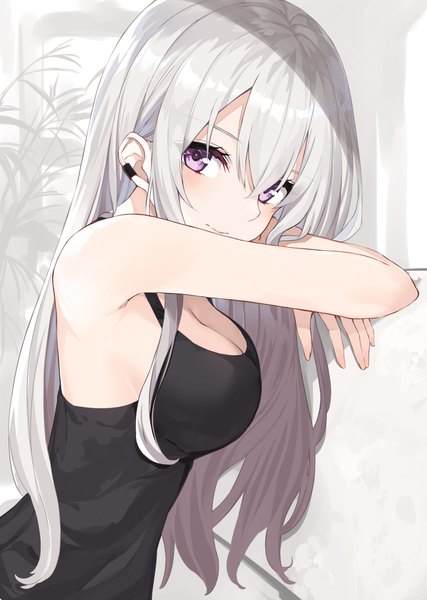 Anime picture 2591x3638 with original takehana note single long hair tall image looking at viewer blush fringe highres breasts smile hair between eyes standing purple eyes payot cleavage silver hair upper body piercing ear piercing