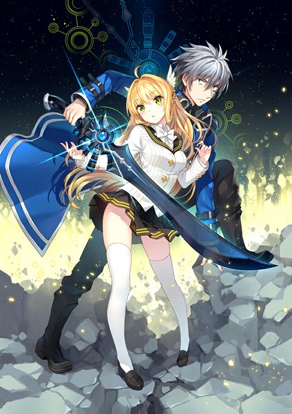 Anime picture 778x1100 with full blade ignition norn origen soludo nardack long hair tall image looking at viewer blush fringe short hair blonde hair standing green eyes pleated skirt grey hair sparkle facial mark fantasy head wings white wings