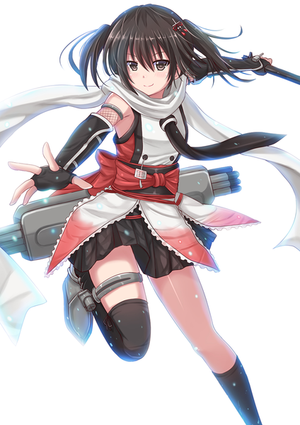 Anime picture 900x1273 with kantai collection sendai light cruiser kazenokaze single long hair tall image looking at viewer simple background brown hair white background brown eyes two side up girl thighhighs skirt gloves black thighhighs miniskirt socks elbow gloves
