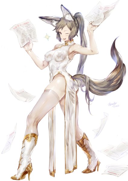 Anime picture 1000x1414 with original nanase miri single long hair tall image blush fringe breasts open mouth light erotic smile brown hair standing brown eyes animal ears ponytail tail traditional clothes animal tail one eye closed