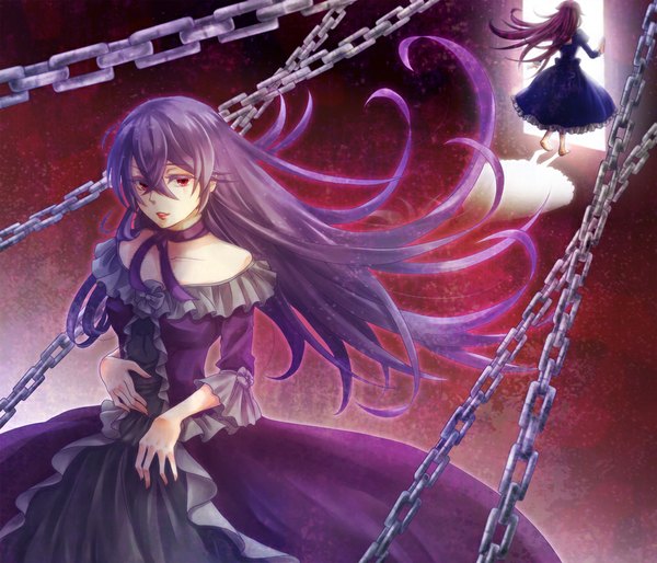 Anime picture 1000x858 with pandora hearts xebec alice (pandora hearts) lacie baskerville long hair black hair red eyes barefoot from behind back dual persona girl dress chain