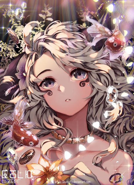 Anime picture 700x966 with original skunkyfly single long hair tall image fringe bare shoulders signed parted lips hair flower grey hair grey eyes facial mark light looking up korean girl flower (flowers) animal jewelry