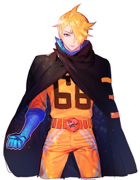 Anime picture 869x1117 with one piece toei animation sanji killdo single tall image looking at viewer fringe short hair blue eyes blonde hair simple background white background hair over one eye alternate costume eyebrows alternate hairstyle boy gloves elbow gloves