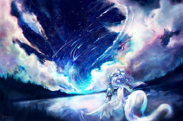 Anime picture 1024x682 with pokemon pokemon black and white nintendo n (pokemon) reshiram vtas long hair standing sky cloud (clouds) green hair from behind aqua hair night sky back reflection landscape space lake gen 5 pokemon