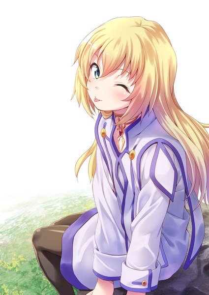 Anime picture 1133x1600 with tales of (series) tales of symphonia collet brunel tenkuu nozora single long hair tall image looking at viewer blush fringe blonde hair hair between eyes sitting green eyes one eye closed wink girl tongue