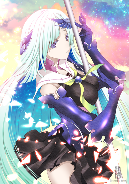 Anime picture 728x1032 with fate (series) fate/grand order brynhildr (fate) sheepd single long hair tall image looking at viewer fringe breasts large breasts standing purple eyes bare shoulders signed very long hair pleated skirt aqua hair girl skirt