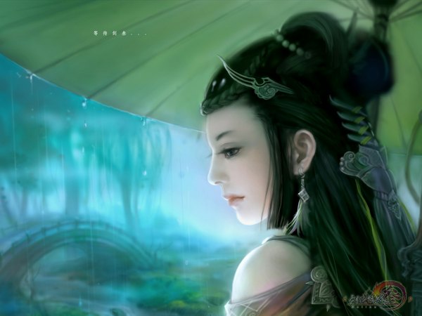 Anime picture 1024x768 with jianxia qingyuan 3 zhang xiao bai single long hair braid (braids) realistic rain landscape girl hair ornament umbrella jewelry bridge