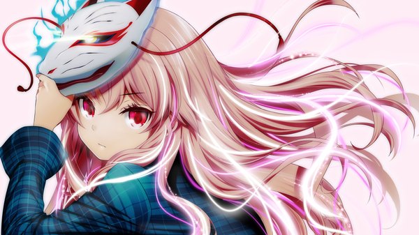 Anime picture 1920x1080 with touhou hata no kokoro agemono single long hair fringe highres simple background hair between eyes wide image looking away pink hair pink eyes floating hair glowing expressionless plaid mask on head girl shirt