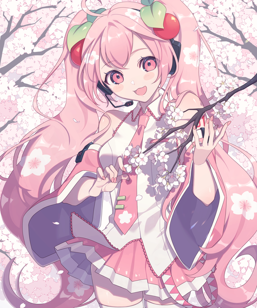 Anime picture 1500x1800 with vocaloid hatsune miku sakura miku miri (cherryjelly) single long hair tall image looking at viewer open mouth twintails pink hair ahoge outdoors head tilt :d pleated skirt pink eyes cherry blossoms girl thighhighs