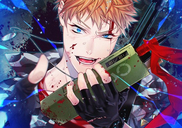 Anime picture 1000x707 with hypnosis mic busujima riou mason 5046m single looking at viewer short hair open mouth blue eyes upper body orange hair blood on face bleeding boy gloves fingerless gloves blood dog tags