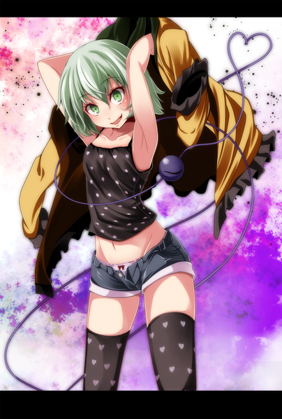 Anime picture 1349x2000 with touhou komeiji koishi s-syogo single tall image looking at viewer blush short hair open mouth smile green eyes green hair girl thighhighs black thighhighs hat shorts eyeball