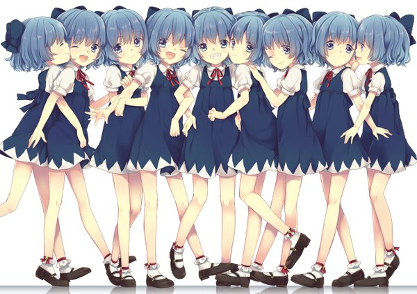 Anime picture 1364x964 with touhou cirno maki (natoriumu) looking at viewer blush short hair open mouth blue eyes multiple girls blue hair eyes closed one eye closed wink loli grin 6+ girls multiple persona 9 girls girl dress