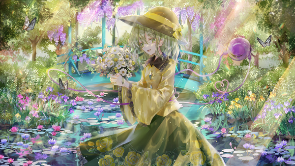 Anime picture 3091x1739 with touhou komeiji koishi piyo (sqn2idm751) single fringe highres short hair hair between eyes wide image green eyes outdoors green hair sunlight heart of string girl skirt flower (flowers) hat heart insect