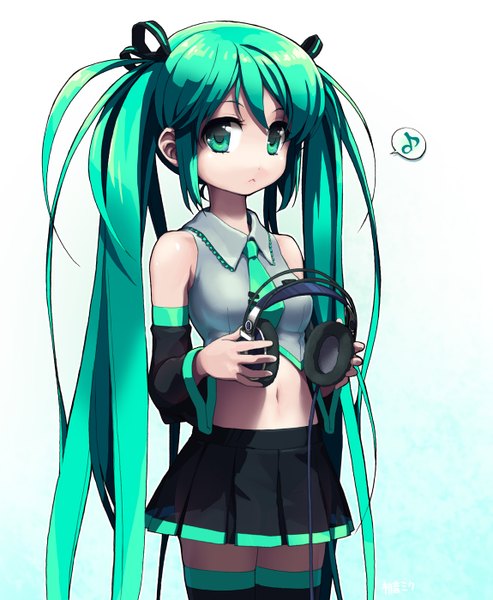 Anime picture 1150x1400 with vocaloid hatsune miku lena (zoal) single long hair tall image simple background white background twintails green eyes very long hair pleated skirt green hair girl navel detached sleeves miniskirt necktie headphones musical note