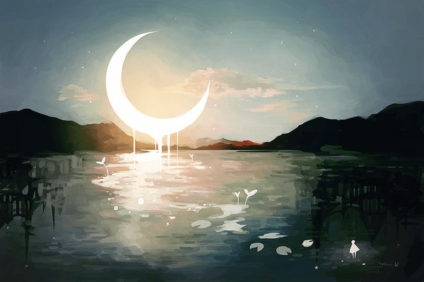 Anime picture 950x632 with original tofuvi single standing signed sky mountain crescent lake moon star (stars)