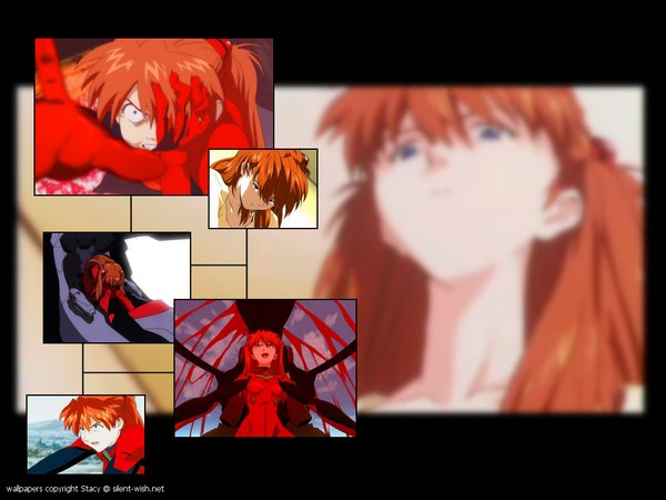Anime picture 1024x768 with neon genesis evangelion gainax soryu asuka langley long hair blue eyes signed red hair blurry orange hair multiview cockpit girl bodysuit
