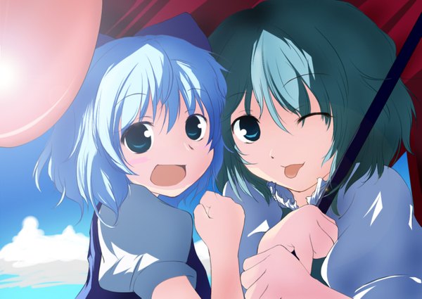 Anime picture 1509x1071 with touhou cirno tatara kogasa beegle blush short hair multiple girls blue hair green hair shared umbrella girl 2 girls umbrella