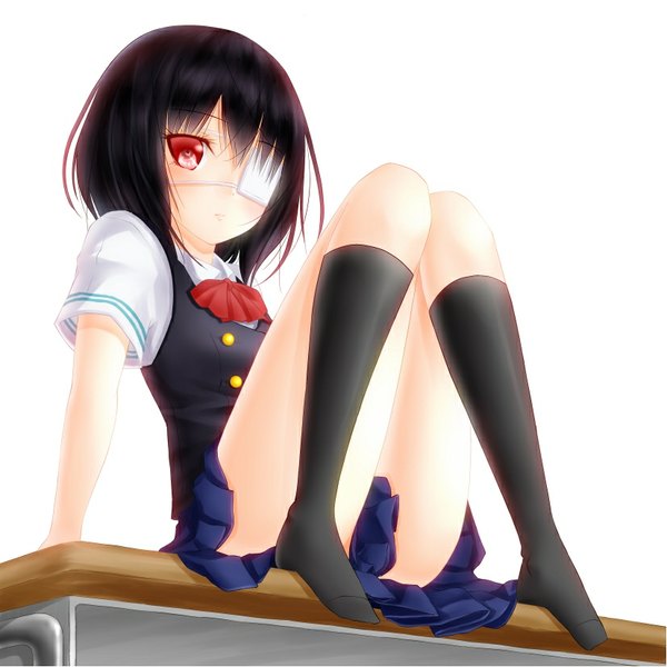 Anime picture 827x827 with another p.a. works misaki mei noppi (noppi 98) single looking at viewer short hair light erotic black hair simple background red eyes white background legs girl uniform school uniform socks black socks eyepatch
