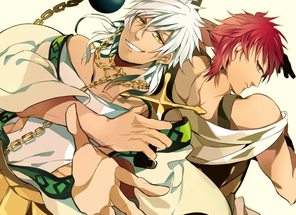 Anime picture 1200x873 with magi the labyrinth of magic a-1 pictures masrur sharrkan short hair smile yellow eyes white hair red hair profile looking back multiple boys grin boy weapon chain 2 boys