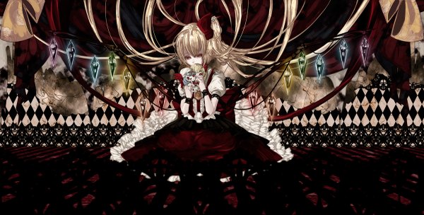 Anime picture 1200x609 with touhou flandre scarlet remilia scarlet memai long hair blonde hair red eyes wide image very long hair girl dress wings crystal doll (dolls)