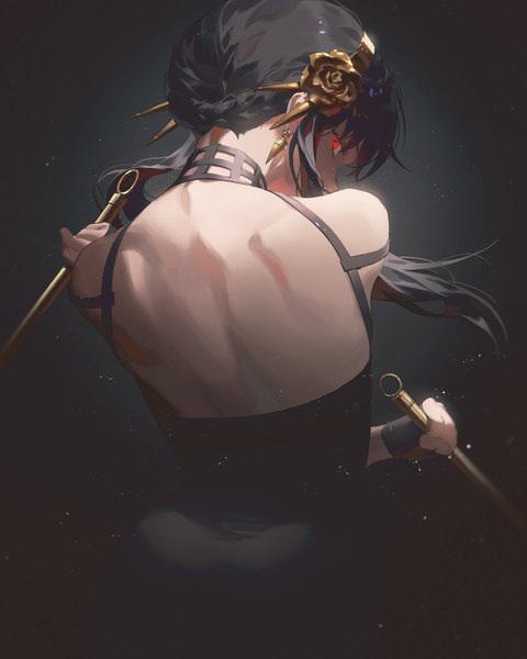 Anime-Bild 3200x4000 mit spy x family yor briar fajyobore single long hair tall image looking at viewer fringe highres black hair simple background red eyes standing bare shoulders holding absurdres profile looking back hair flower from behind