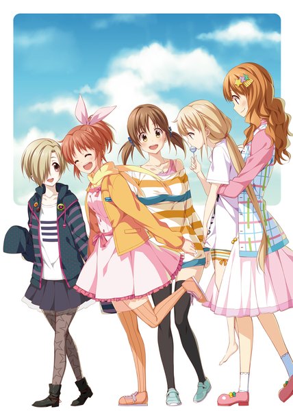 Anime picture 849x1191 with idolmaster idolmaster cinderella girls futaba anzu shirasaka koume totoki airi moroboshi kirari abe nana 2c=galore long hair tall image blush fringe short hair open mouth blonde hair smile brown hair twintails multiple girls holding