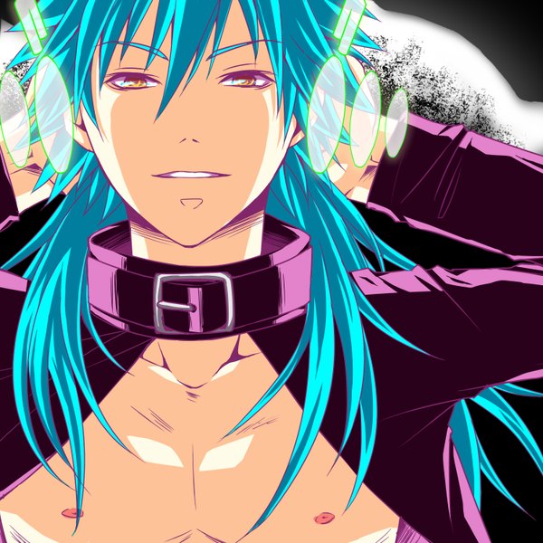 Anime picture 1500x1500 with dramatical murder nitro+chiral aoba (dmmd) tagme (artist) single long hair yellow eyes blue hair nipples arms behind head boy collar