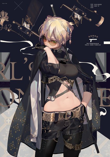 Anime picture 700x992 with girls frontline welrod mk2 (girls frontline) coralstone single tall image short hair blonde hair green eyes looking away bare belly hand on hip hand to mouth clothes on shoulders girl gloves navel weapon earrings black gloves gun