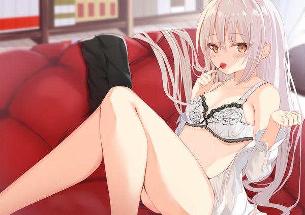 Anime picture 1637x1158 with original hikashou single long hair looking at viewer blush fringe breasts light erotic hair between eyes bare shoulders holding brown eyes payot silver hair bent knee (knees) indoors long sleeves blurry bare legs