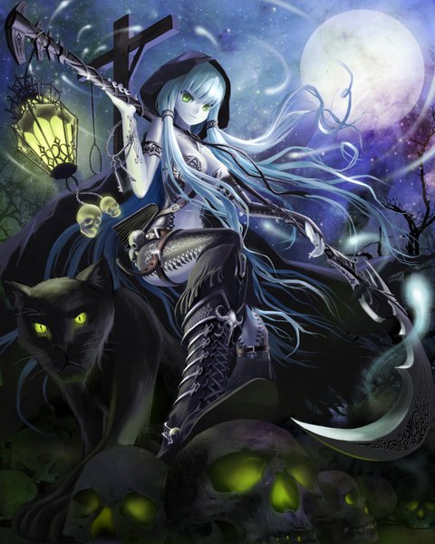 Anime picture 2400x3000 with original ost02 single long hair tall image highres light erotic smile twintails bare shoulders green eyes blue hair cleavage night bare belly night sky glowing glowing eye (eyes) skull and crossbones girl