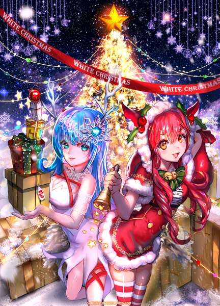 Anime picture 1383x1918 with original sangrde long hair tall image looking at viewer blue eyes smile multiple girls yellow eyes blue hair red hair christmas merry christmas girl thighhighs 2 girls bell striped thighhighs jingle bell gift