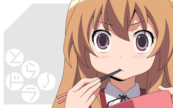 Anime picture 1920x1200 with toradora j.c. staff aisaka taiga single looking at viewer fringe highres brown hair wide image holding brown eyes close-up face eating surprised girl chopsticks