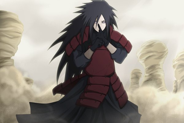 Anime picture 1800x1200 with naruto studio pierrot naruto (series) uchiha madara fireeaglespirit single long hair looking at viewer fringe highres black hair hair between eyes standing sky outdoors hands clasped backlighting spiked hair dust rinnegan