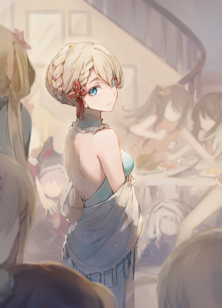 Anime picture 685x951 with girls frontline m1903 springfield (girls frontline) type 95 (girls frontline) qbz-97 (girls frontline) g36 (girls frontline) mikuru rumisora tall image looking at viewer blush fringe short hair breasts blonde hair hair between eyes bare shoulders multiple girls holding indoors braid (braids) looking back