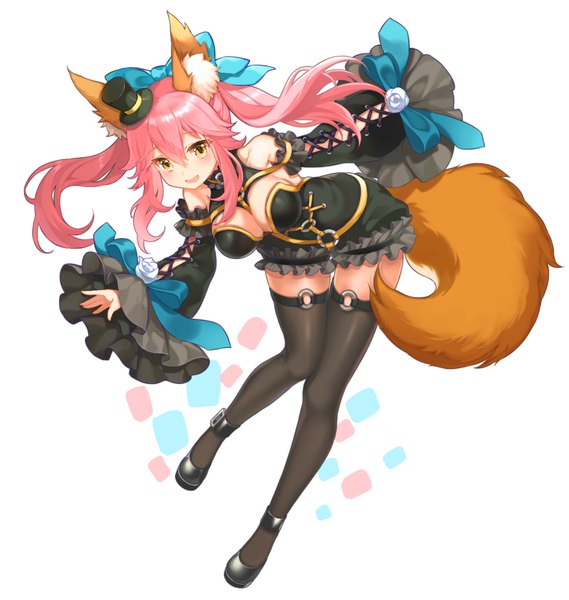 Anime picture 1000x1054 with fate (series) fate/extra fate/extra ccc tamamo (fate) (all) tamamo no mae (fate) shiosoda single long hair tall image looking at viewer blush fringe breasts open mouth light erotic simple background smile white background animal ears yellow eyes