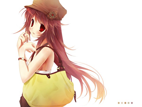 Anime picture 1024x768 with scarlet (studioscr) single long hair looking at viewer blush fringe simple background hair between eyes brown hair white background bare shoulders brown eyes parted lips sideboob gradient hair girl bag ring clock flat cap