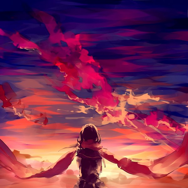 Anime picture 1024x1024 with kagerou project shaft (studio) pixiv tateyama ayano coaurora single long hair black hair sky cloud (clouds) wind from behind back evening sunset red sky girl skirt uniform serafuku