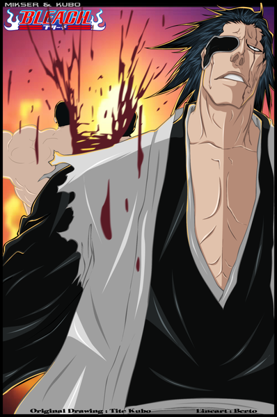 Anime picture 1991x3000 with bleach studio pierrot zaraki kenpachi gold-mk tall image highres short hair black hair japanese clothes black eyes inscription coloring torn clothes scar framed boy belt kimono blood eyepatch