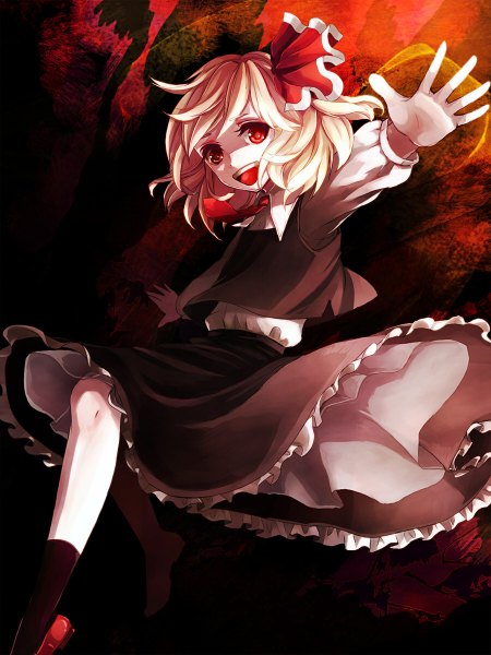 Anime picture 900x1200 with touhou rumia awa toka single tall image looking at viewer short hair open mouth blonde hair red eyes spread arms girl skirt bow hair bow socks black socks skirt set