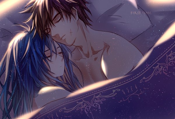 Anime picture 900x614 with full metal panic! gonzo chidori kaname sagara sousuke lorein long hair fringe short hair brown hair bare shoulders blue hair lying eyes closed couple scar eyebrows sleeping girl boy pillow