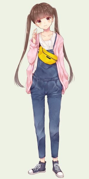 Anime picture 800x1606 with original nazuna shizuku single long hair tall image looking at viewer blush fringe simple background brown hair twintails brown eyes full body blunt bangs head tilt grey background lacing girl shoes headphones